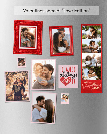Valentine's Day themed photo collage with red frames on a metallic surface.