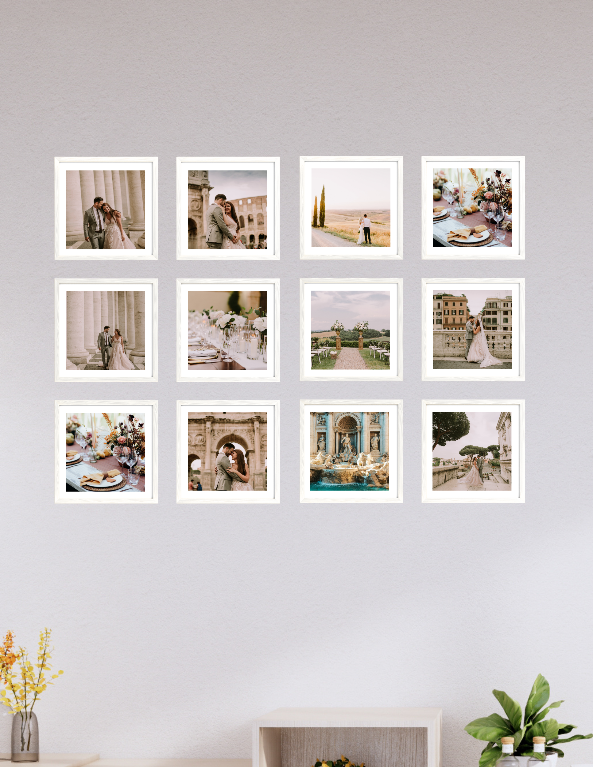 Grid of framed photographs on a wall with a minimalistic decor.