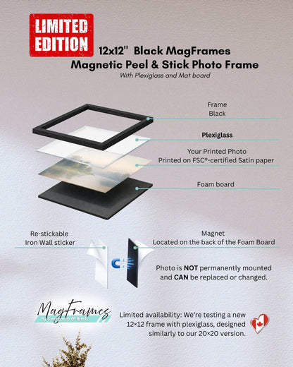 12x12 black magnetic peel and stick photo frame with plexiglass and mat board, layered structure showing foam board, satin photo print, and reusable wall sticker