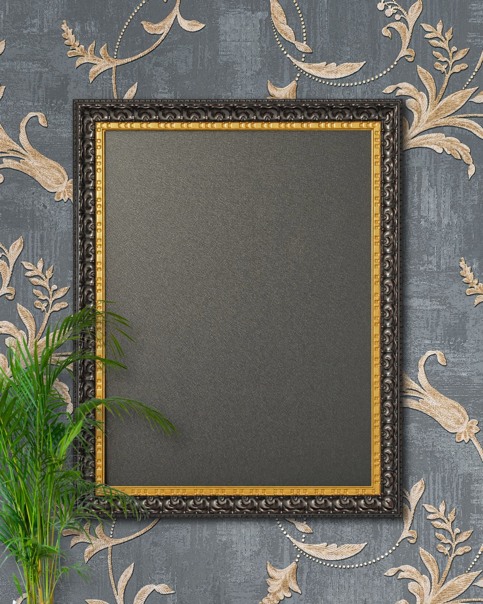 This black and gold magnetic board features a vintage solid wood frame with decorative wallpaper background and magnetic steel surface for stylish kitchen or office organization.