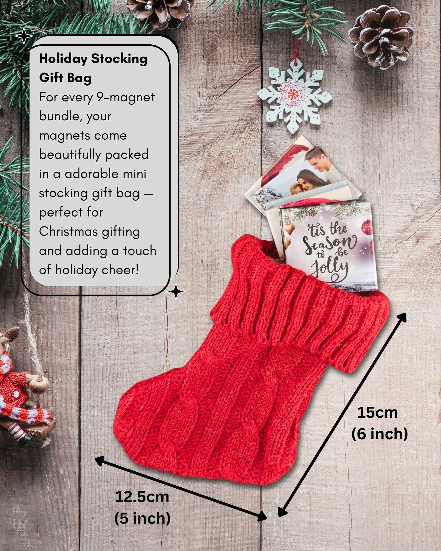 Christmas stocking gift bag included with custom photo magnet bundle, 15cm mini stocking packaging.
