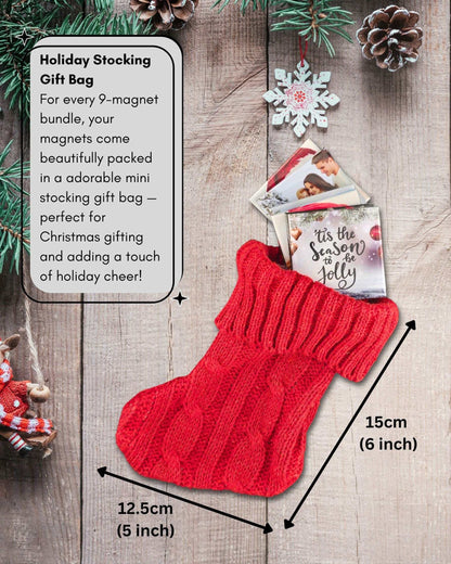 Christmas stocking gift bag included with custom photo magnet bundle, 15cm mini stocking packaging.