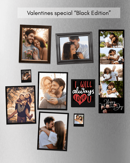 Collection of framed photos and romantic messages on a metallic surface with 'Valentines special Black Edition' text.