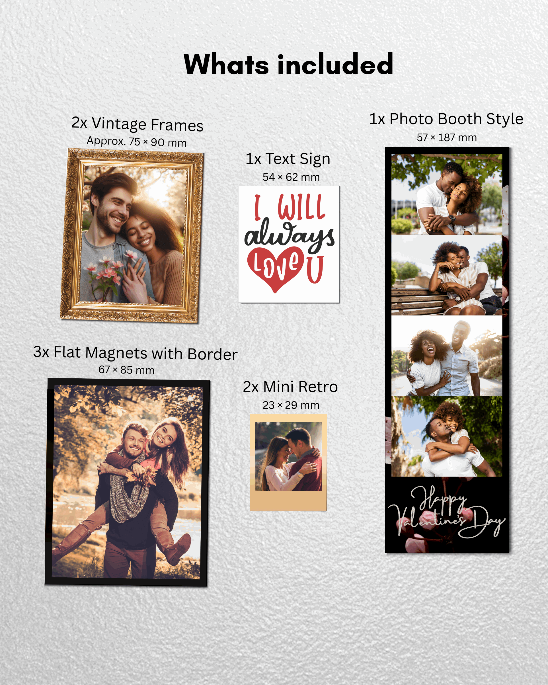 Collection of photo products including vintage frames, text sign, flat magnets, and photo booth style display on a light gray background.