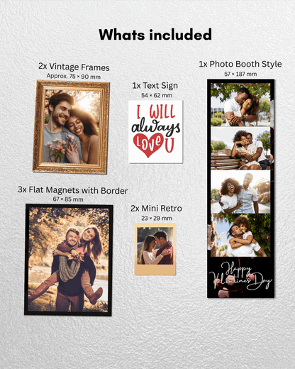 Collection of photo products including vintage frames, text sign, flat magnets, and photo booth style display on a light gray background.