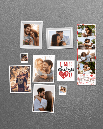 Collection of love-themed photos and a magnet on a gray surface
