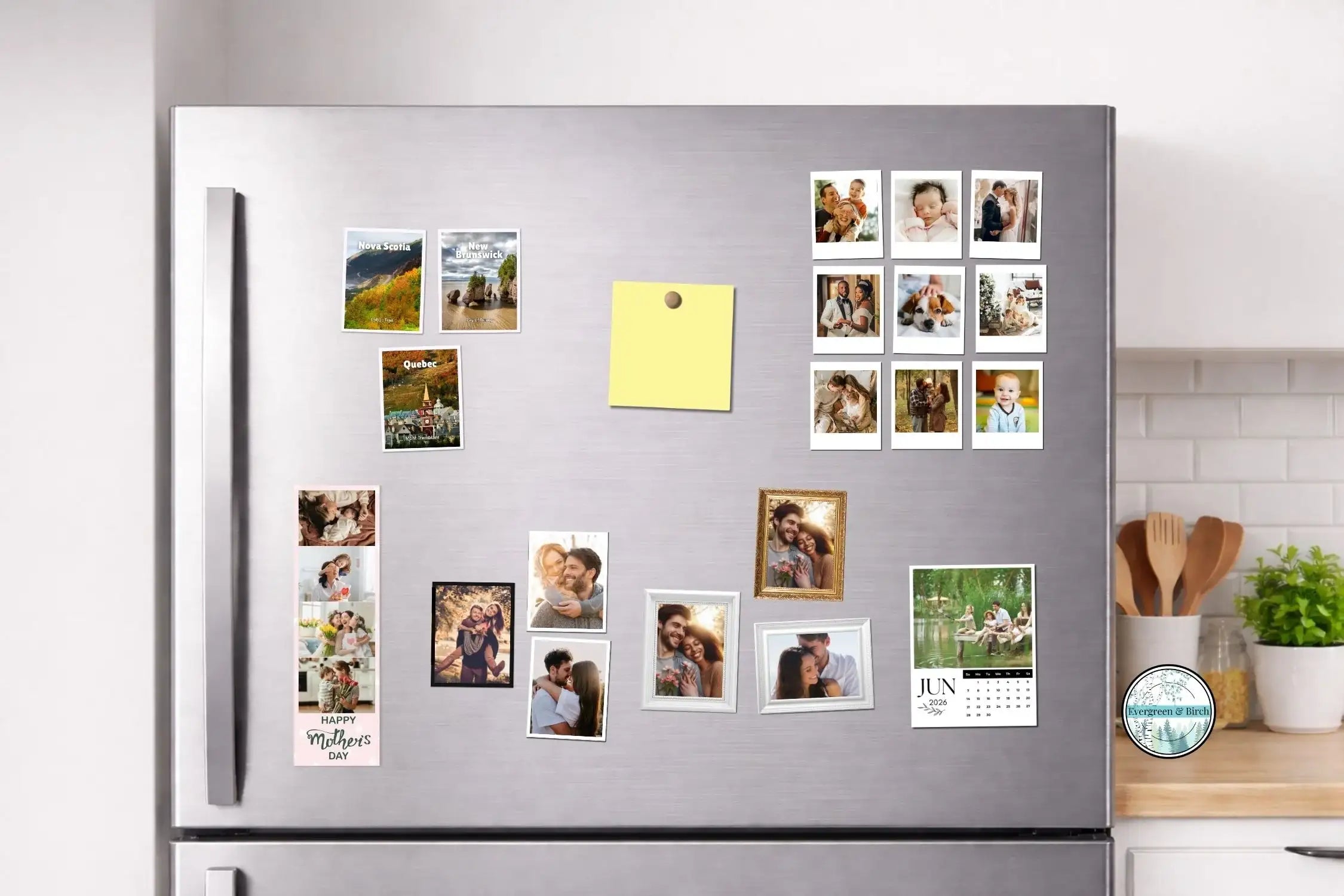 Custom photo magnets on a stainless steel fridge, showing family, baby, and travel photos – handmade in Canada by Evergreen & Birch