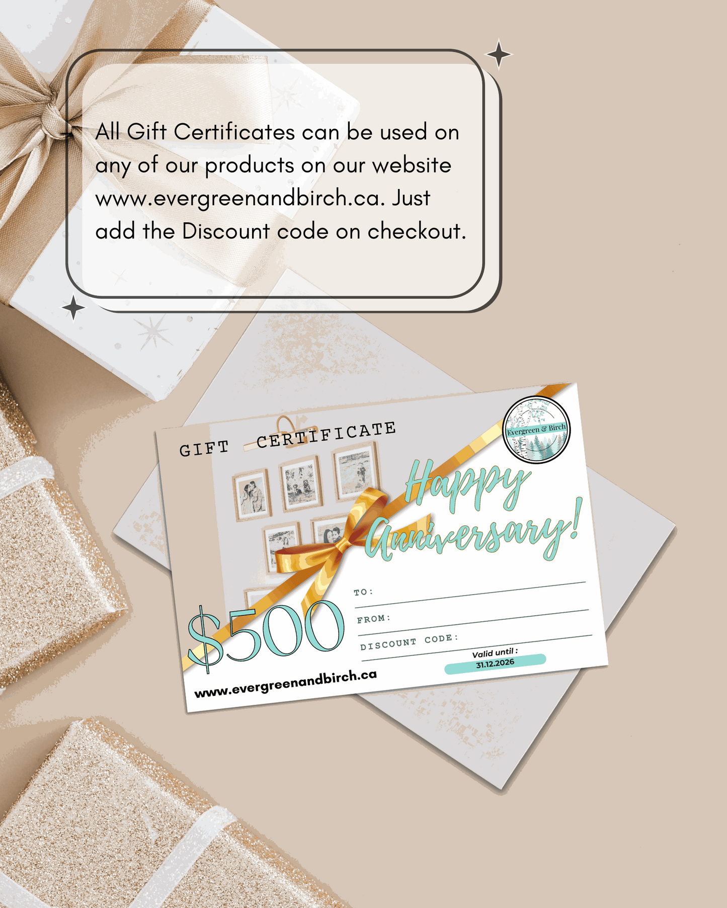 Evergreen & Birch anniversary gift card with envelope and elegant ribbon design.