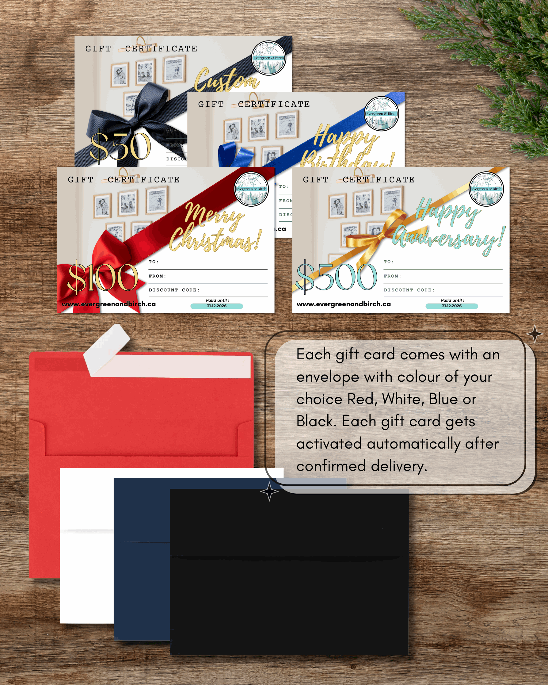 Evergreen & Birch printed gift card designs with multiple occasion options and envelope colour choices.