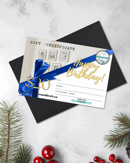 Evergreen & Birch printed gift card with envelope and birthday design.