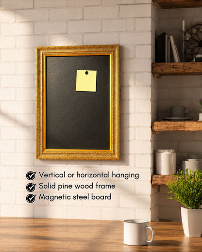Gold framed magnetic steel board with a note in a cozy home setting, featuring solid pine wood frame, vertical or horizontal hanging, and warm natural decor.