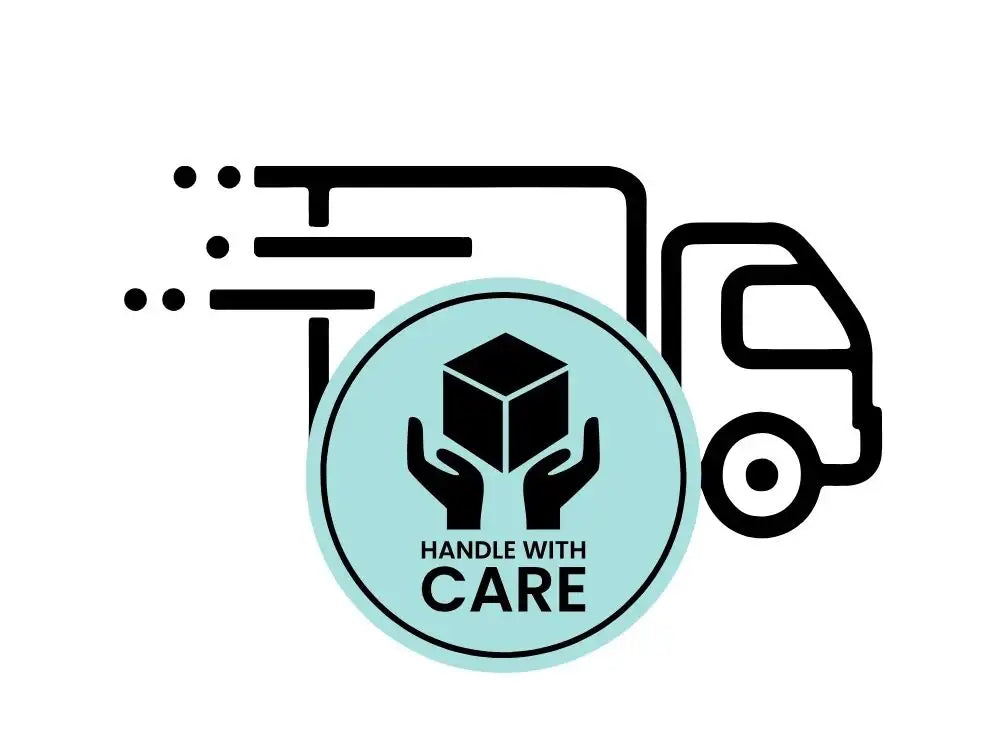 Delivery truck icon with “Handle with care” label representing safe shipping