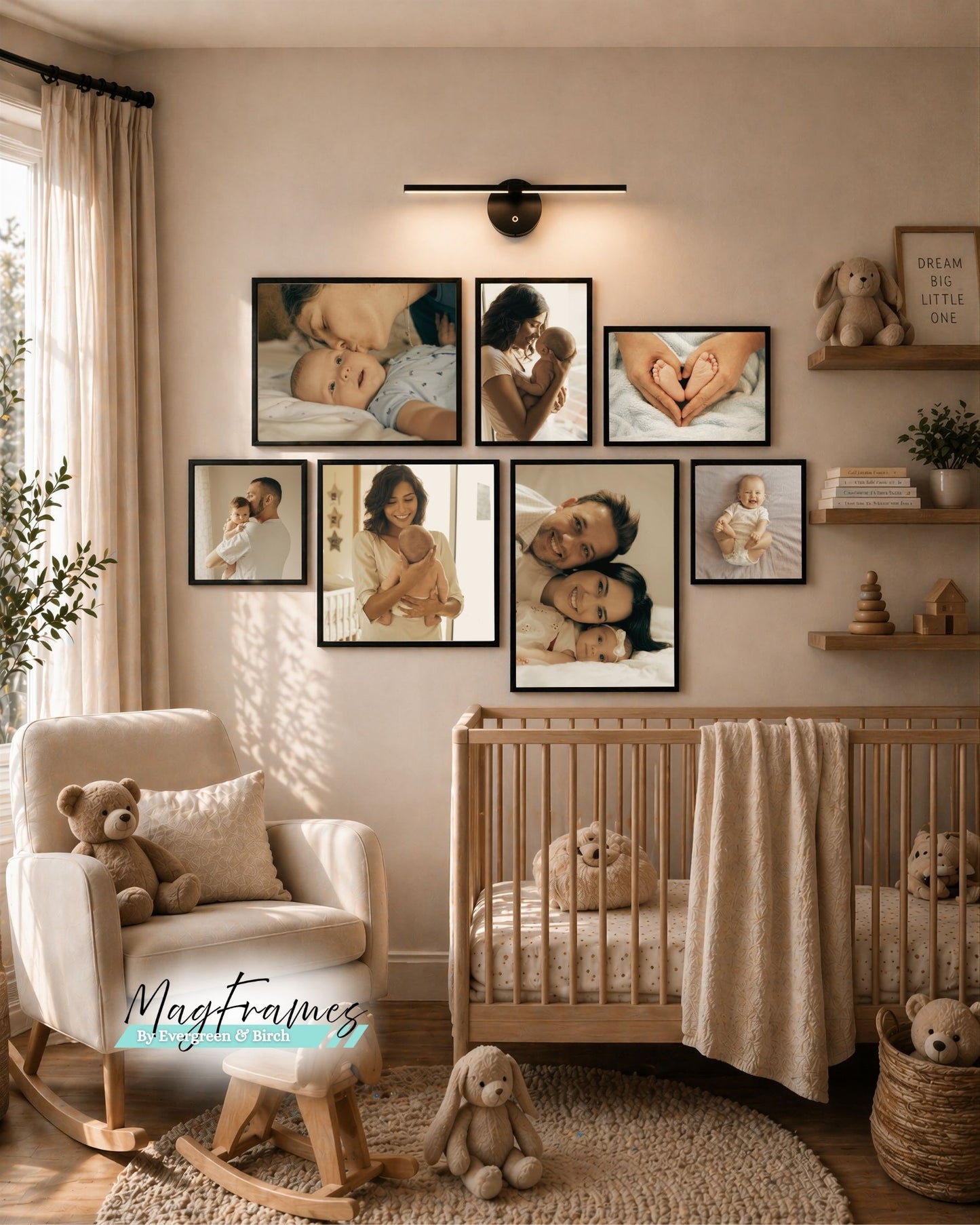 White MagFrames gallery wall above wooden crib in cozy nursery, peel and stick magnetic photo frames with baby photos, soft sunlight and shadows, made in Canada