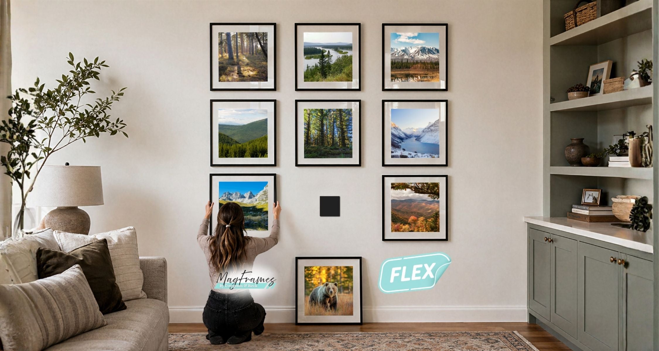 Black MagFrames Flex magnetic picture frames with interchangeable landscape photos in a cozy living room gallery wall.
