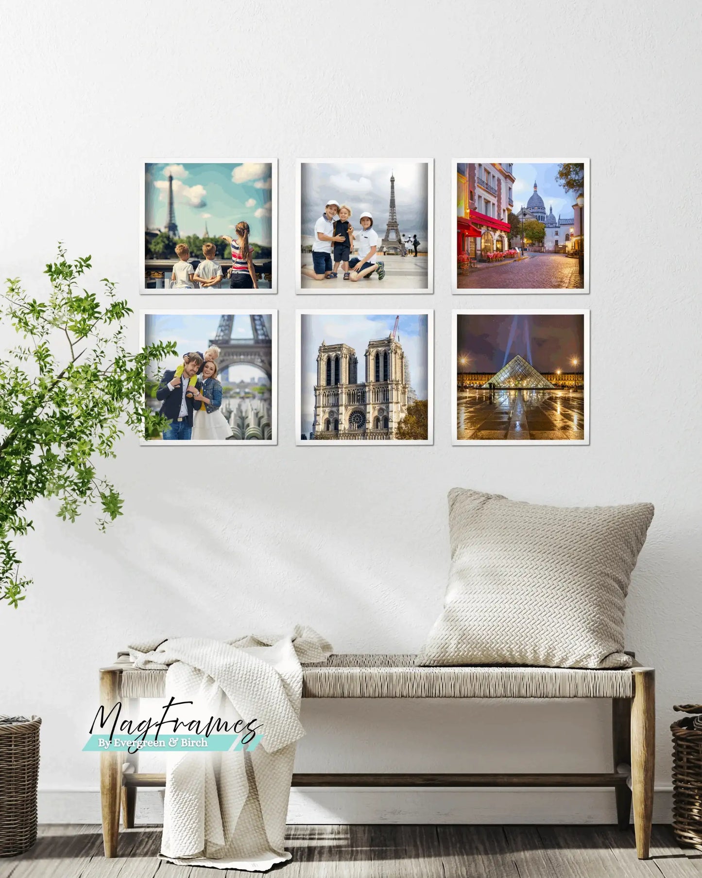 Square magnetic photo frames styled in a six-piece gallery wall display above a bench with minimalist decor.