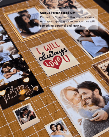 Collage of romantic photos and a card with 'I Will Always Love You' on a wooden surface.