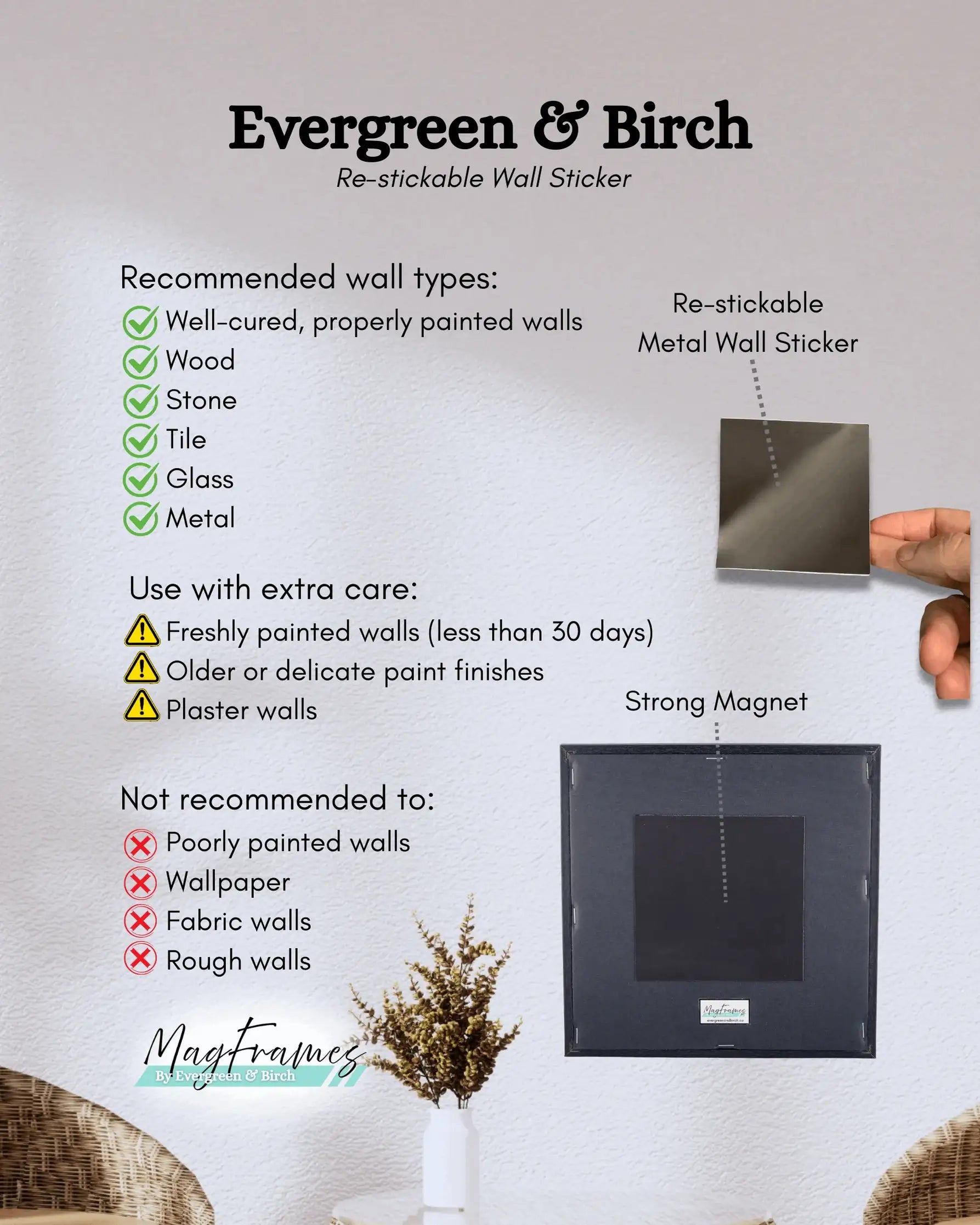 Re-stickable metal wall sticker system showing recommended wall types and installation guidance for magnetic photo frames.