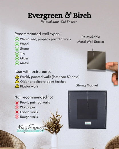 Re-stickable metal wall sticker system showing recommended wall types and installation guidance for magnetic photo frames.