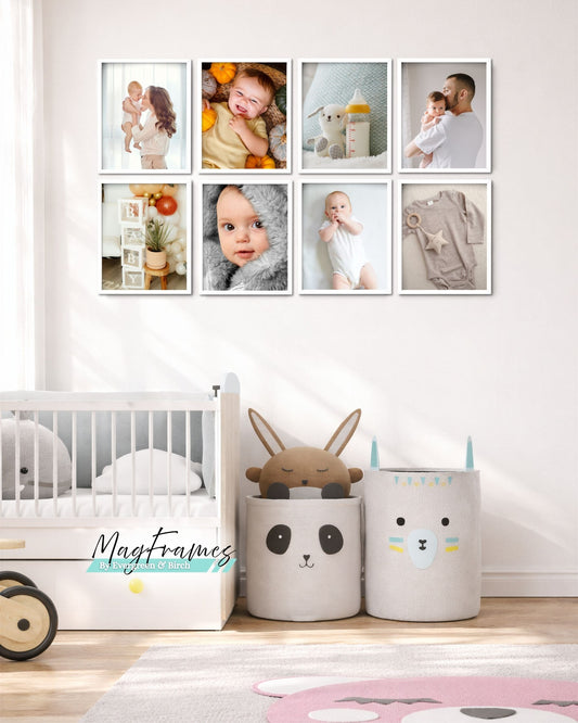 Magnetic photo frames 12x16 collage gallery wall in a baby nursery with family and newborn photos above a crib