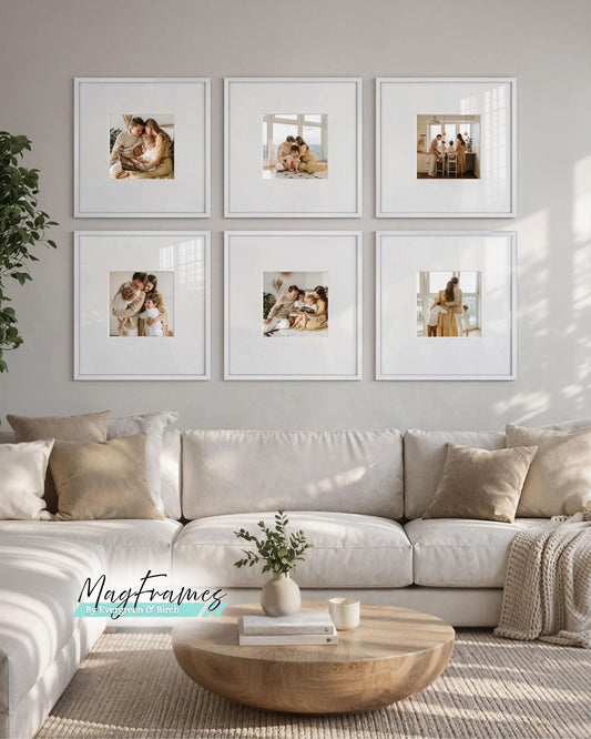 Magnetic photo frames gallery wall in a modern living room, printed and assembled in Canada