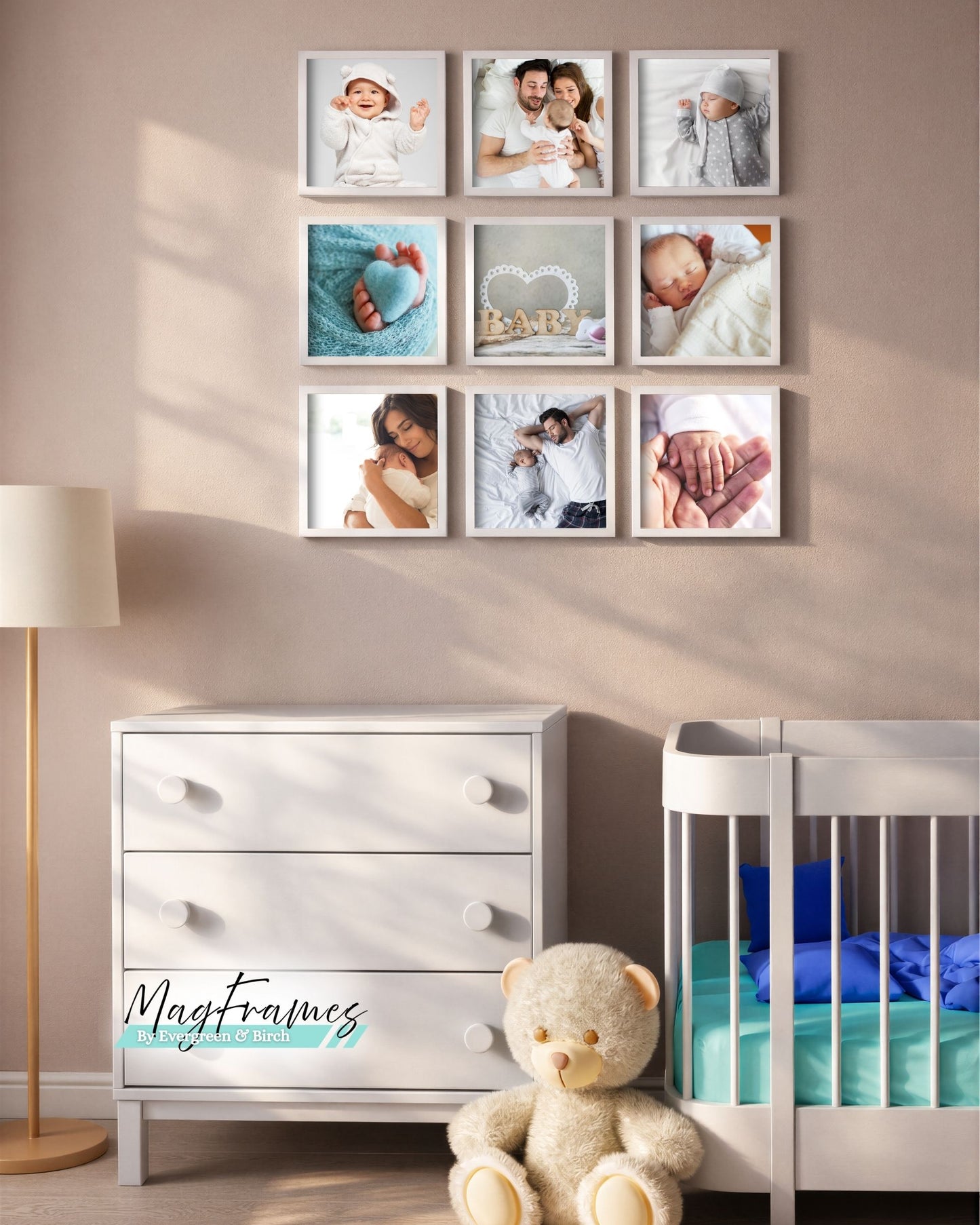 Magnetic photo frames gallery wall in a baby nursery with family photos, printed and assembled in Canada