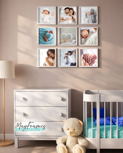 Magnetic photo frames gallery wall in a baby nursery with family photos, printed and assembled in Canada