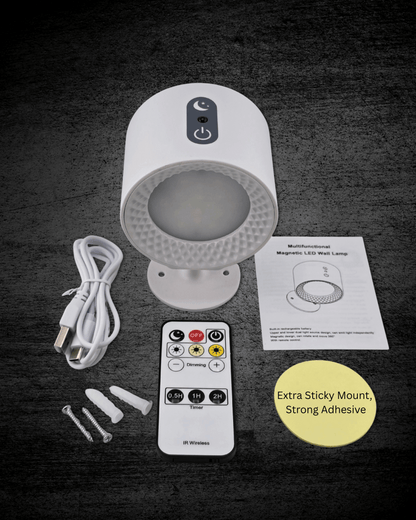 LED wall lamp with remote control, adhesive pads, and USB cable on a dark background