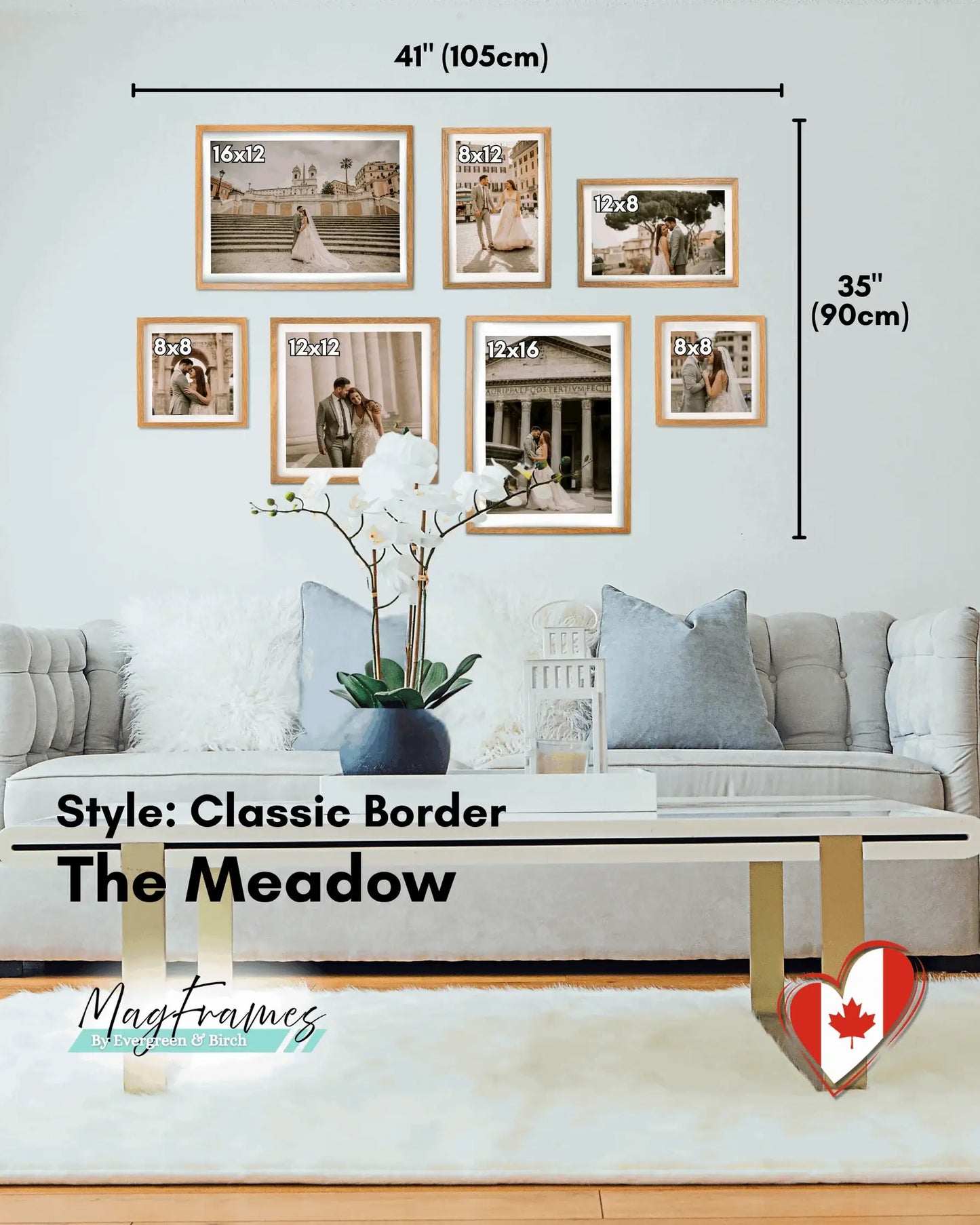 The Meadow 7-piece magnetic gallery wall in horizontal layout with classic border style and overall dimensions shown.