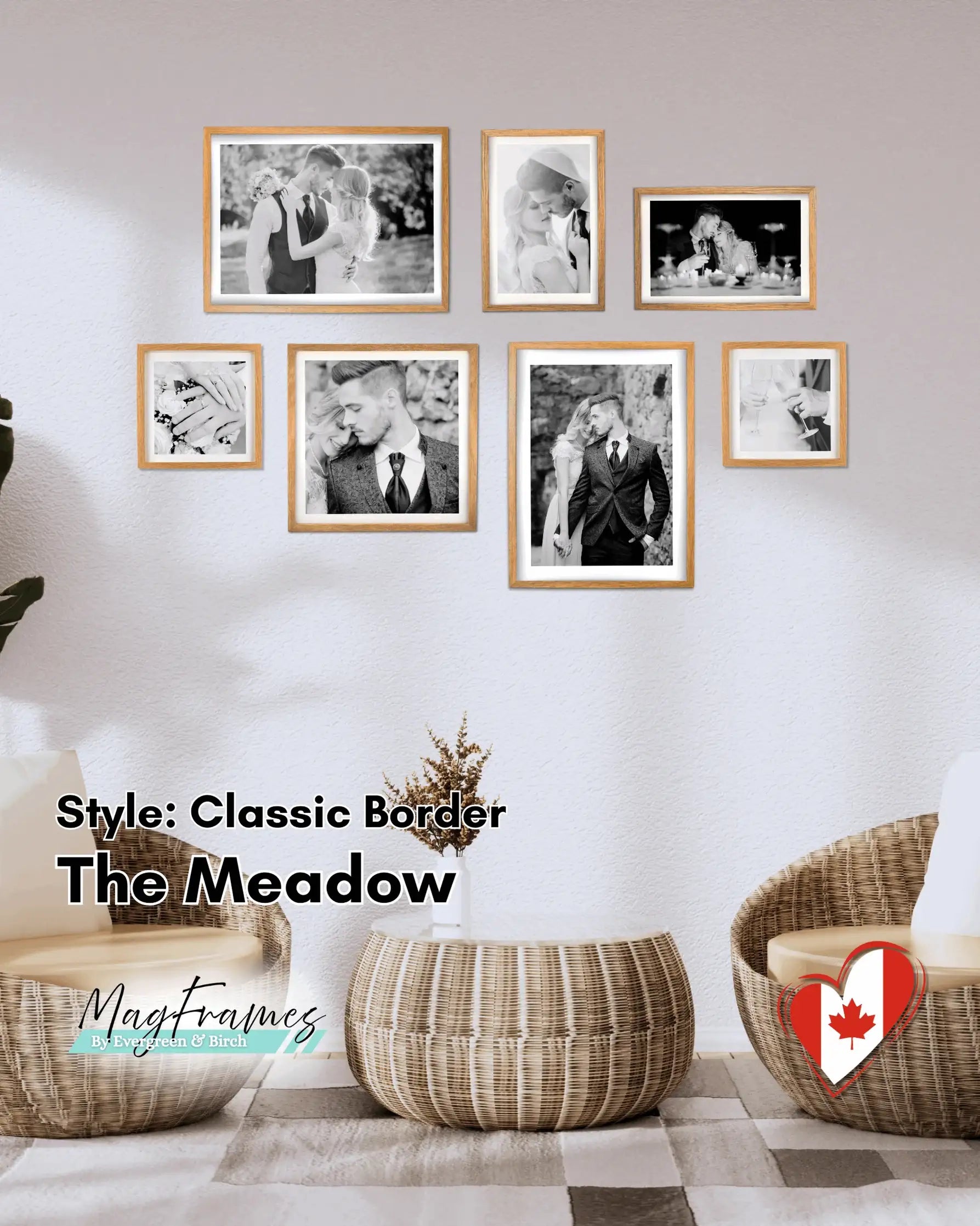 The Meadow 7-piece magnetic gallery wall set in oak with classic border style displayed in a modern living room.