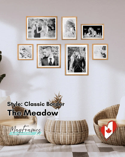 The Meadow 7-piece magnetic gallery wall set in oak with classic border style displayed in a modern living room.