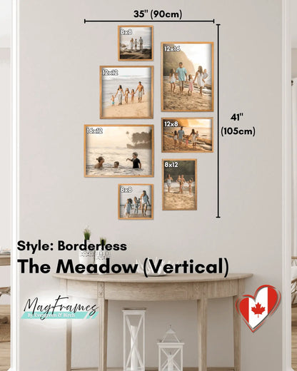 The Meadow 7-piece magnetic gallery wall in vertical layout with borderless style and overall dimensions shown.