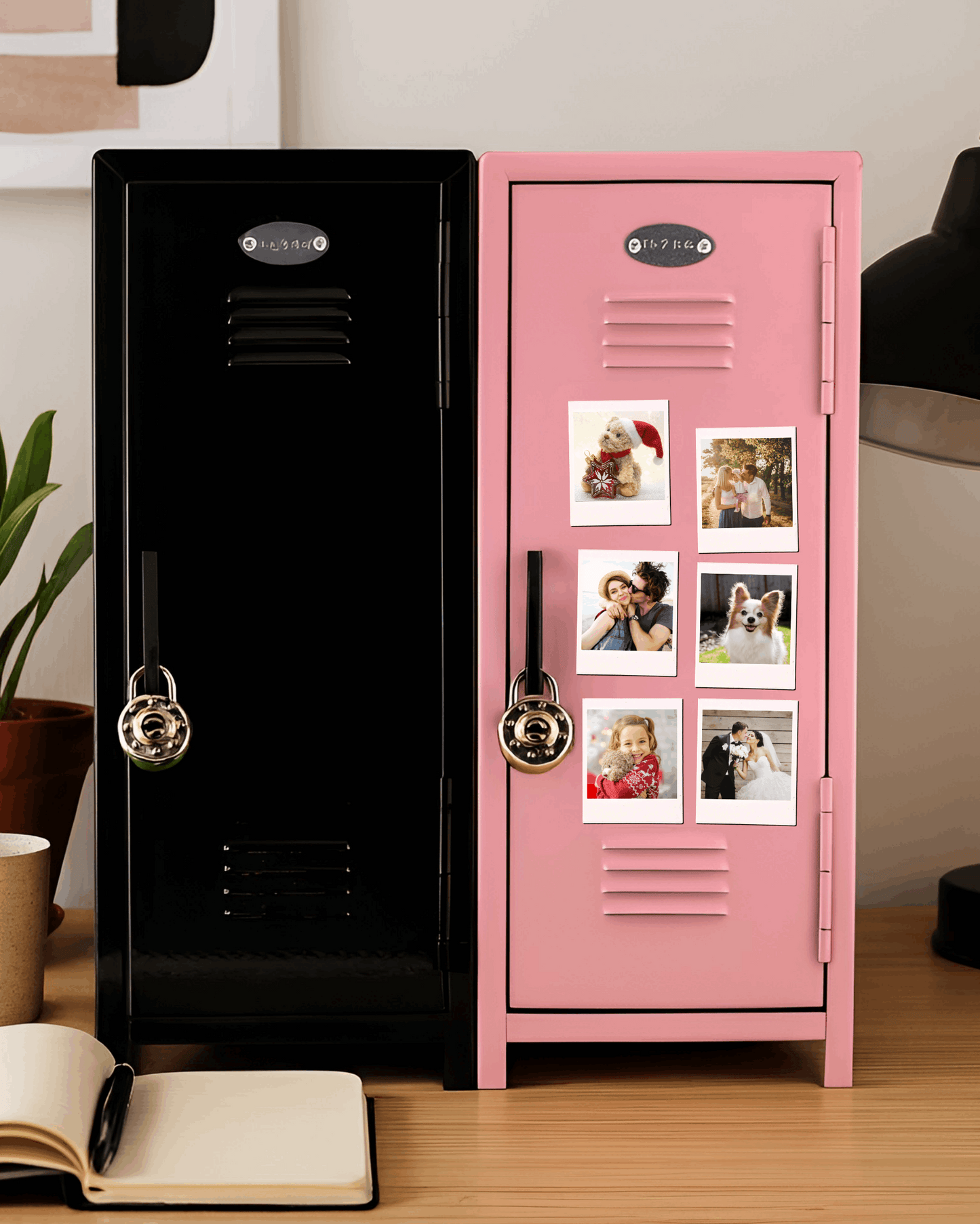 Mini retro locker photo display in black and pink with magnetic photo prints attached to locker door.