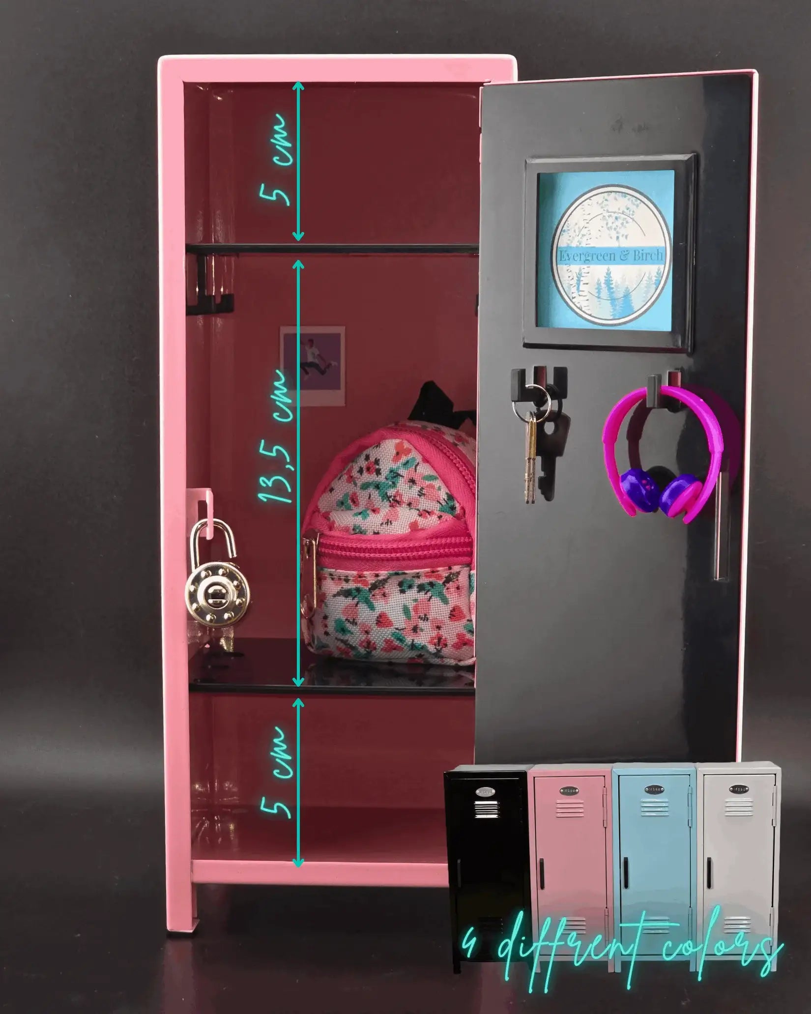 Mini retro metal locker with open door showing interior shelves, storage space, hooks, and four available color options.