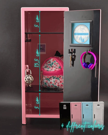 Mini retro metal locker with open door showing interior shelves, storage space, hooks, and four available color options.