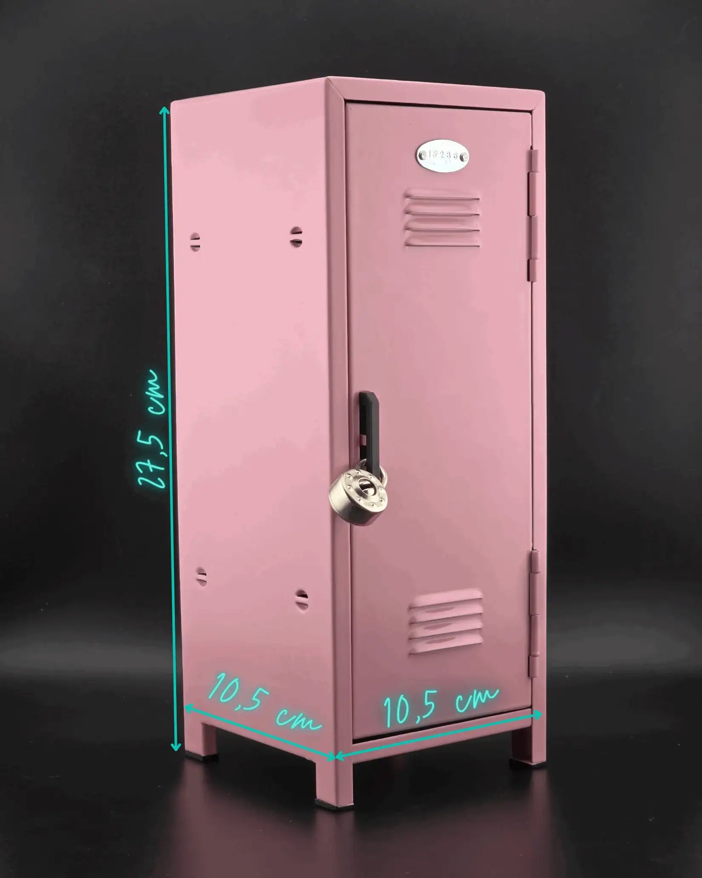 Pink mini retro metal locker with dimensions shown, compact desktop storage and photo display locker.
