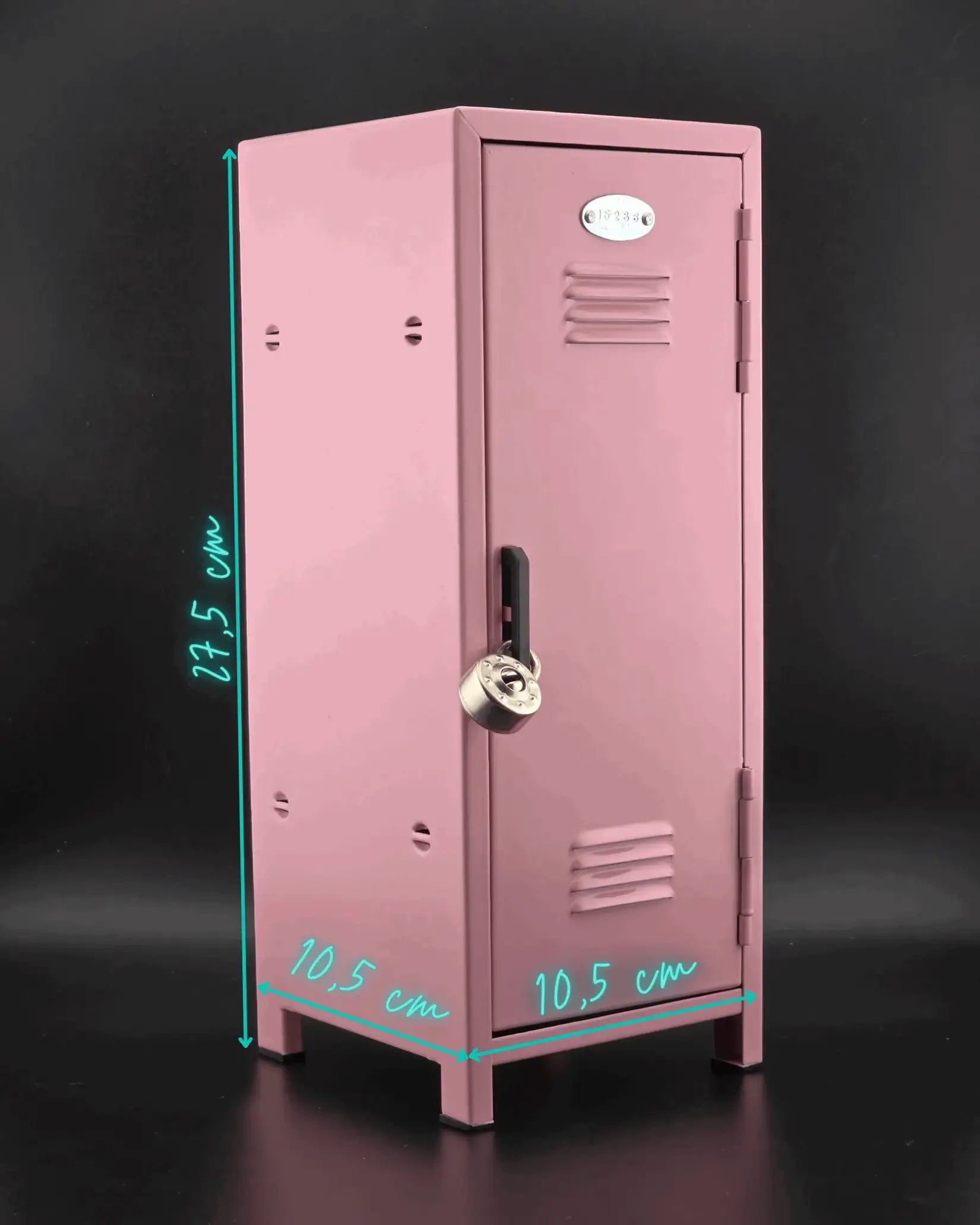 Pink mini retro metal locker with dimensions shown, compact desktop storage and photo display locker.
