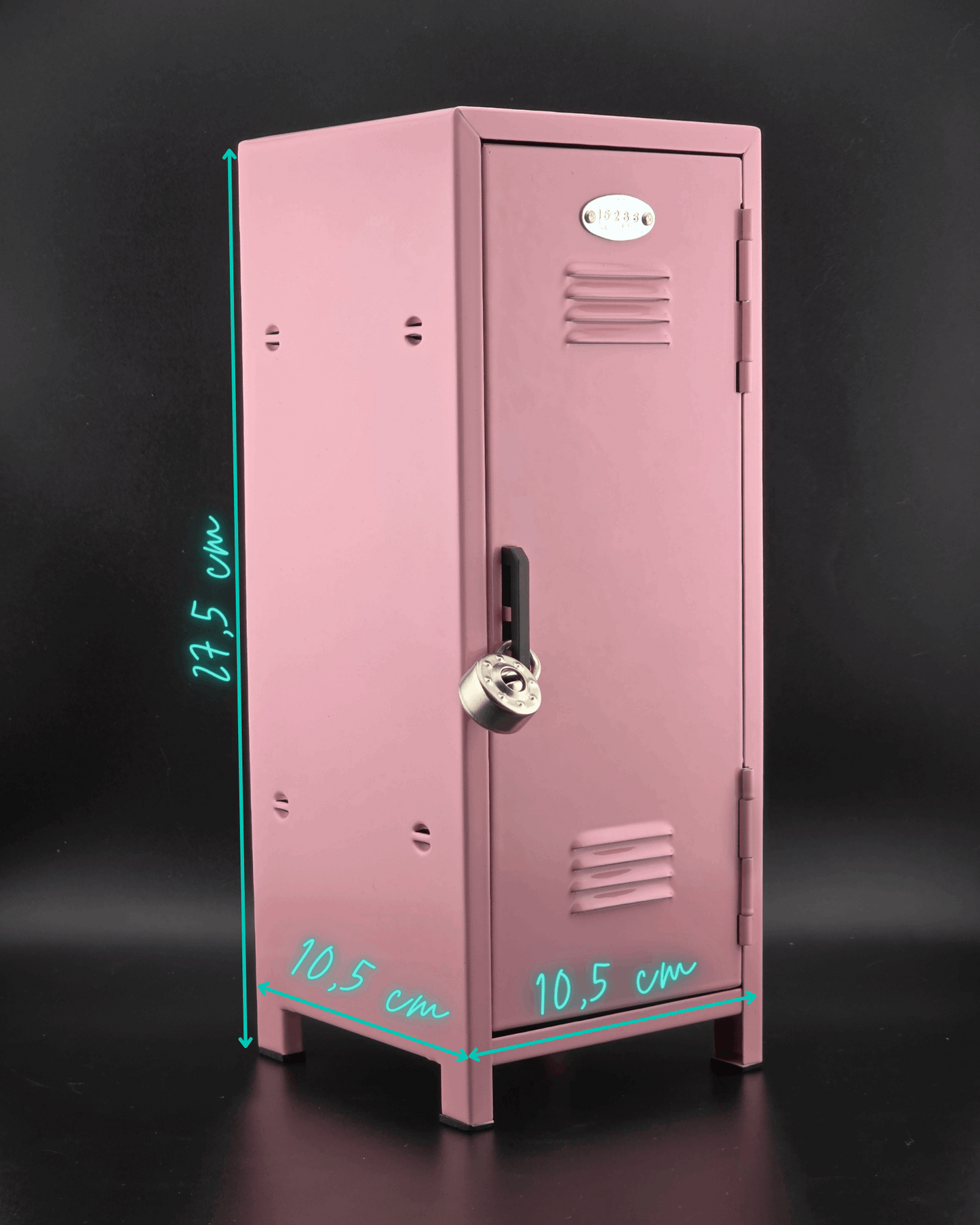 Pink mini retro metal locker with dimensions shown, compact desktop storage and photo display locker.