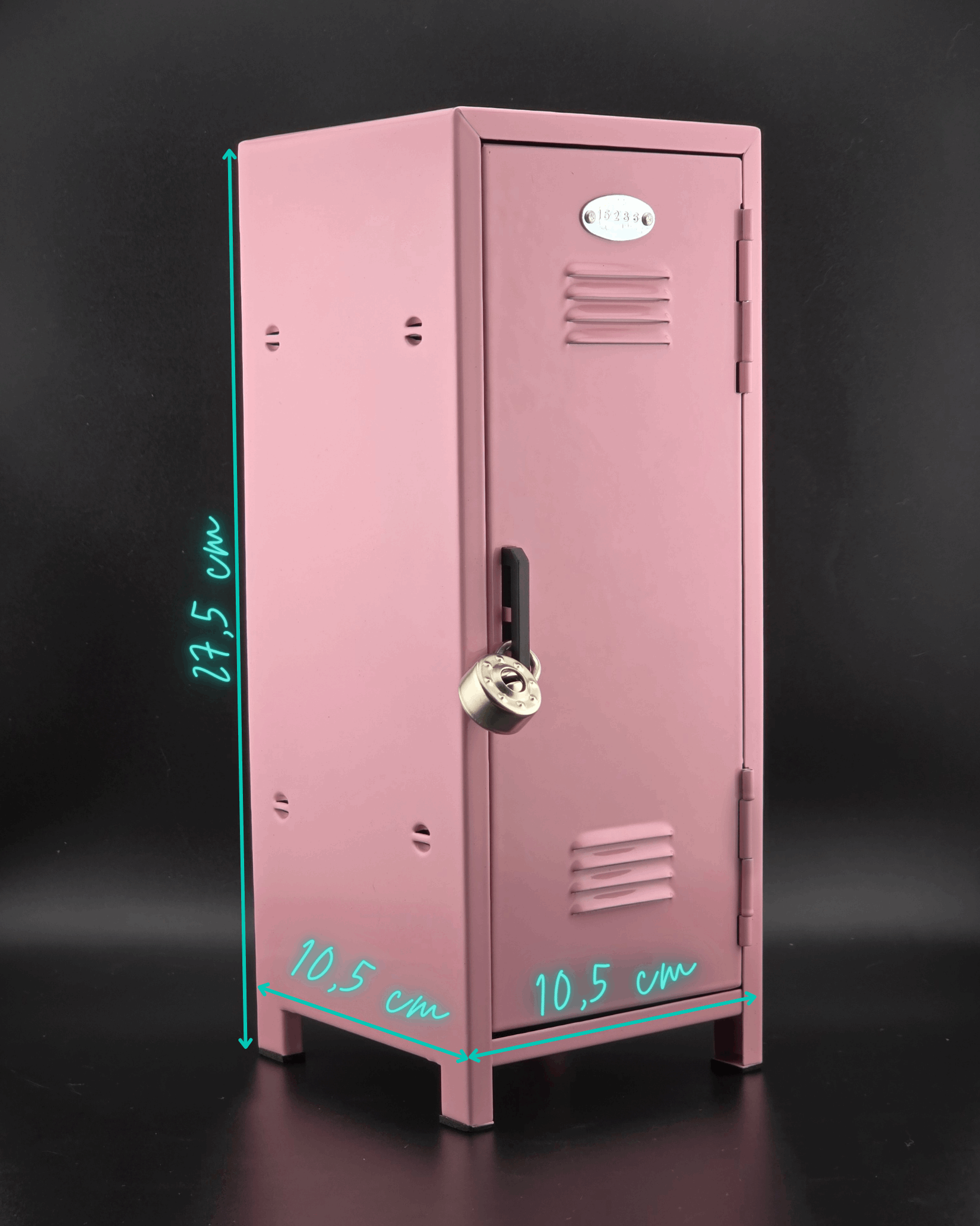 Pink mini retro metal locker with dimensions shown, compact desktop storage and photo display locker.