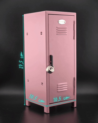 Pink mini retro metal locker with dimensions shown, compact desktop storage and photo display locker.