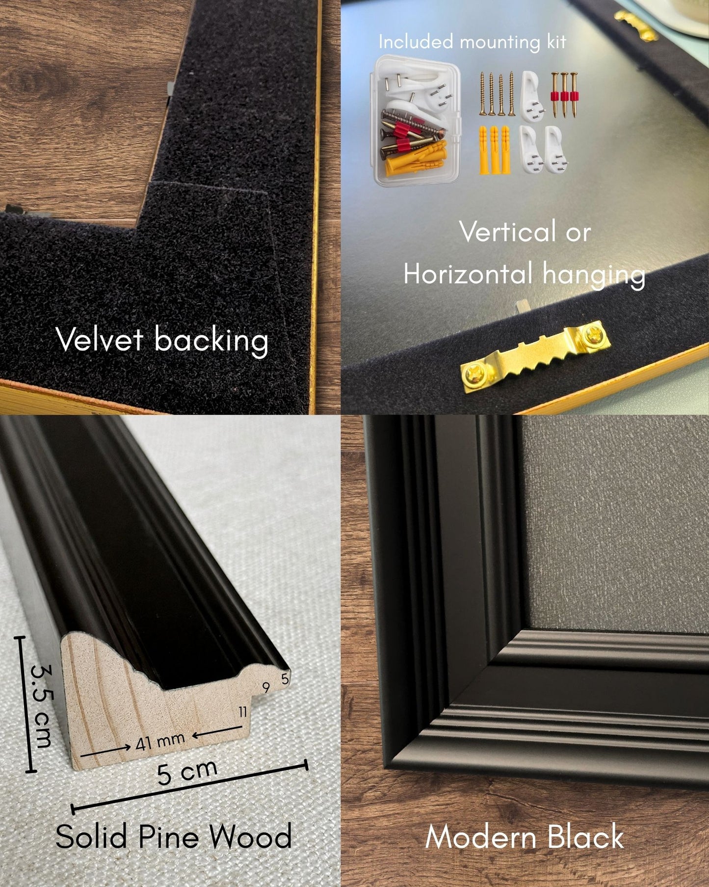 Feature collage of a modern black magnetic board showing velvet backing, included mounting kit, vertical or horizontal hanging hardware, solid pine wood frame profile, and powder-coated magnetic steel surface.