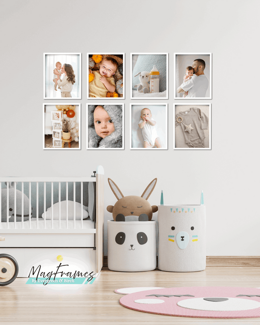 Nursery gallery wall with baby photos displayed in white magnetic photo frames above a crib.
