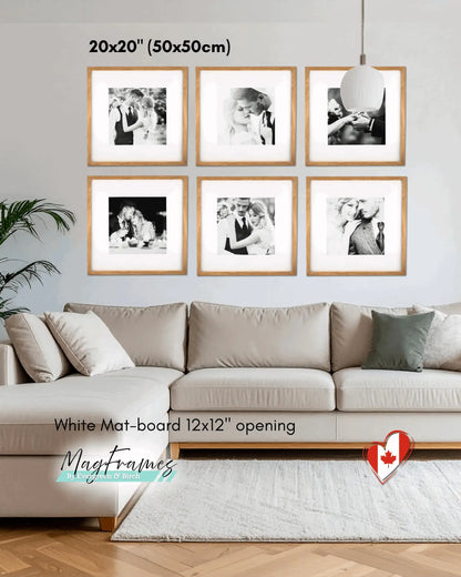20x20 natural oak MagFrames magnetic photo frames with white mat board and 12x12 opening arranged in a gallery wall above a sofa.