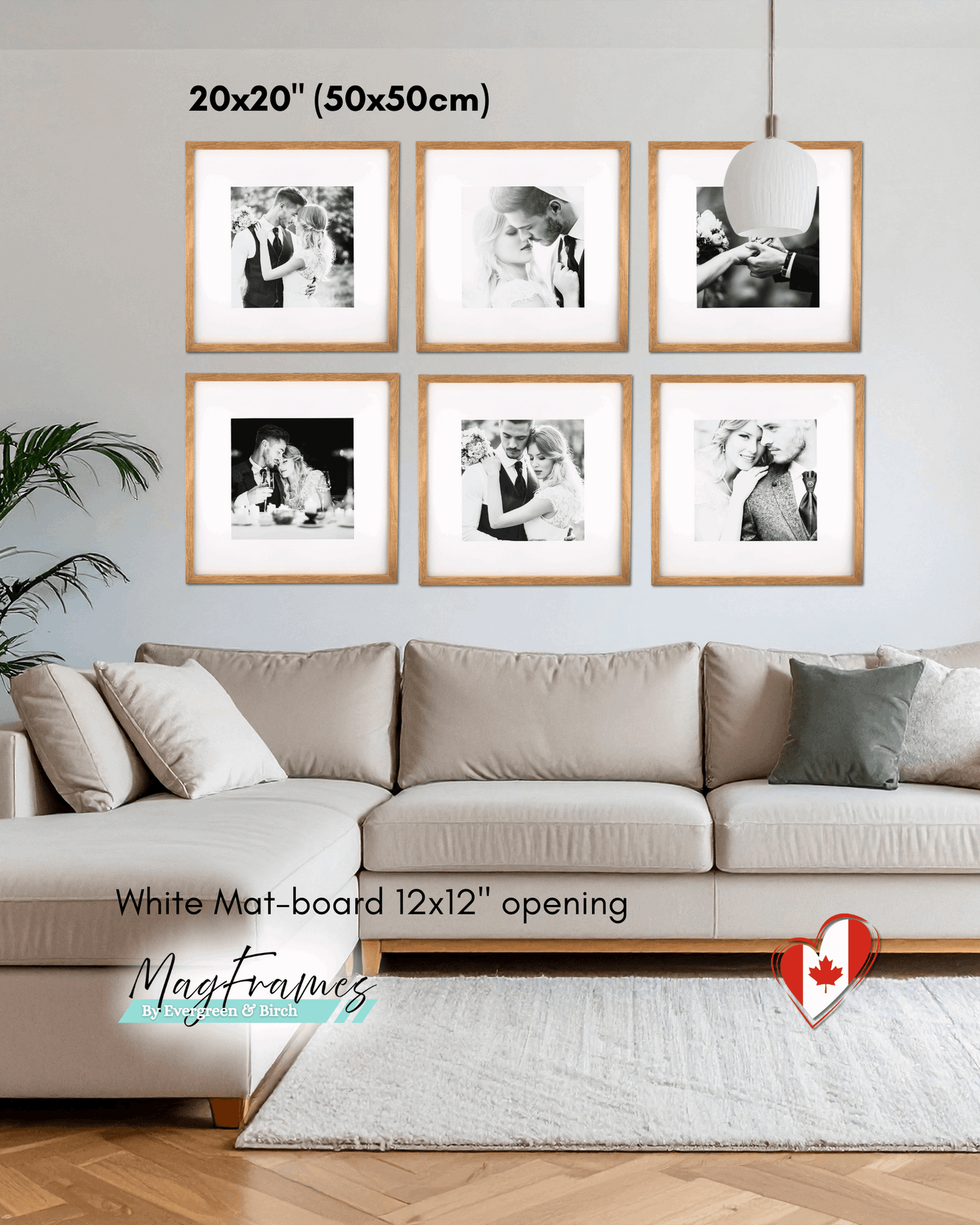 20x20 natural oak MagFrames magnetic photo frames with white mat board and 12x12 opening arranged in a gallery wall above a sofa.