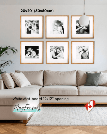 20x20 natural oak MagFrames magnetic photo frames with white mat board and 12x12 opening arranged in a gallery wall above a sofa.