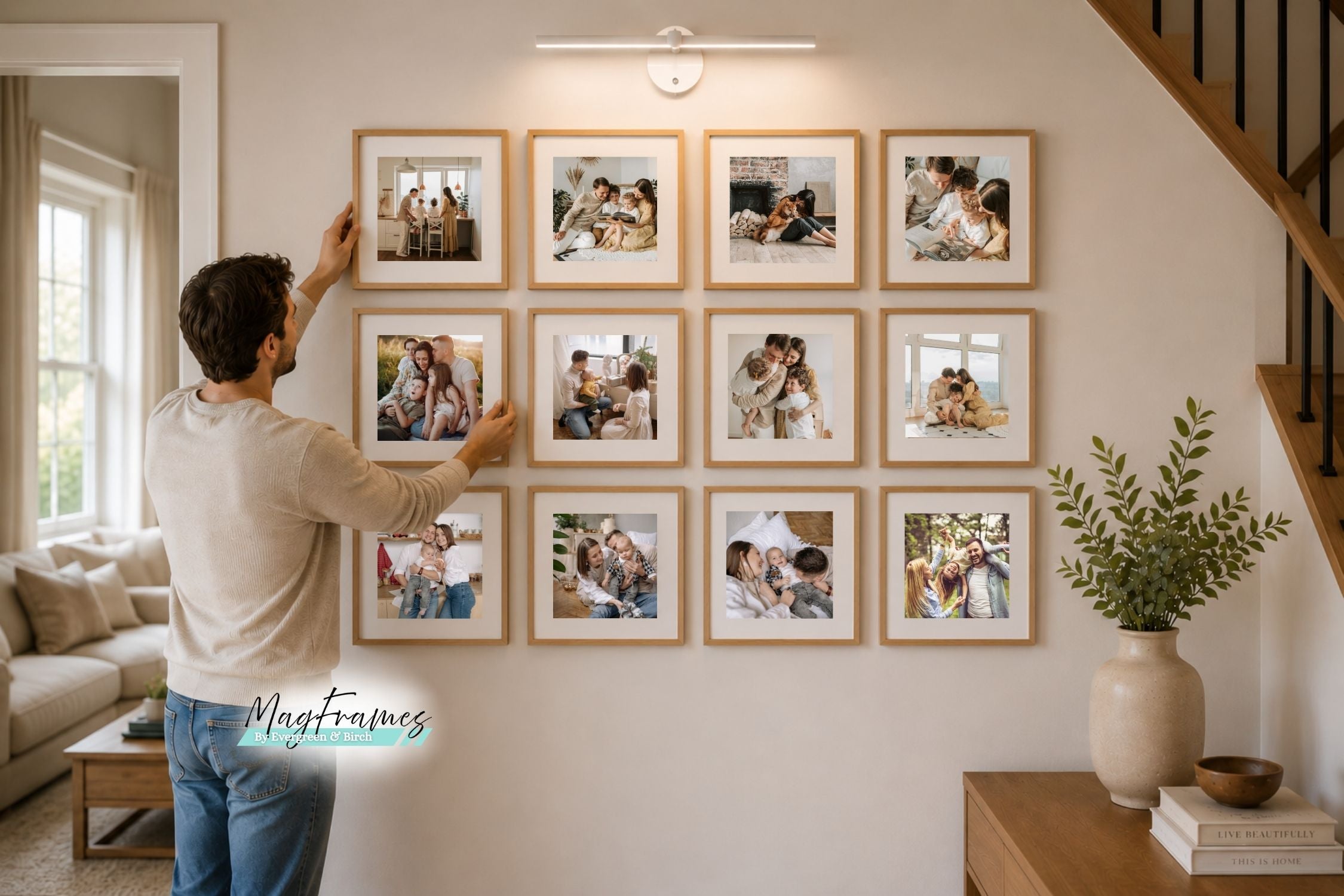 Oak MagFrames magnetic picture frames displaying family photos in a warm home entryway gallery wall.