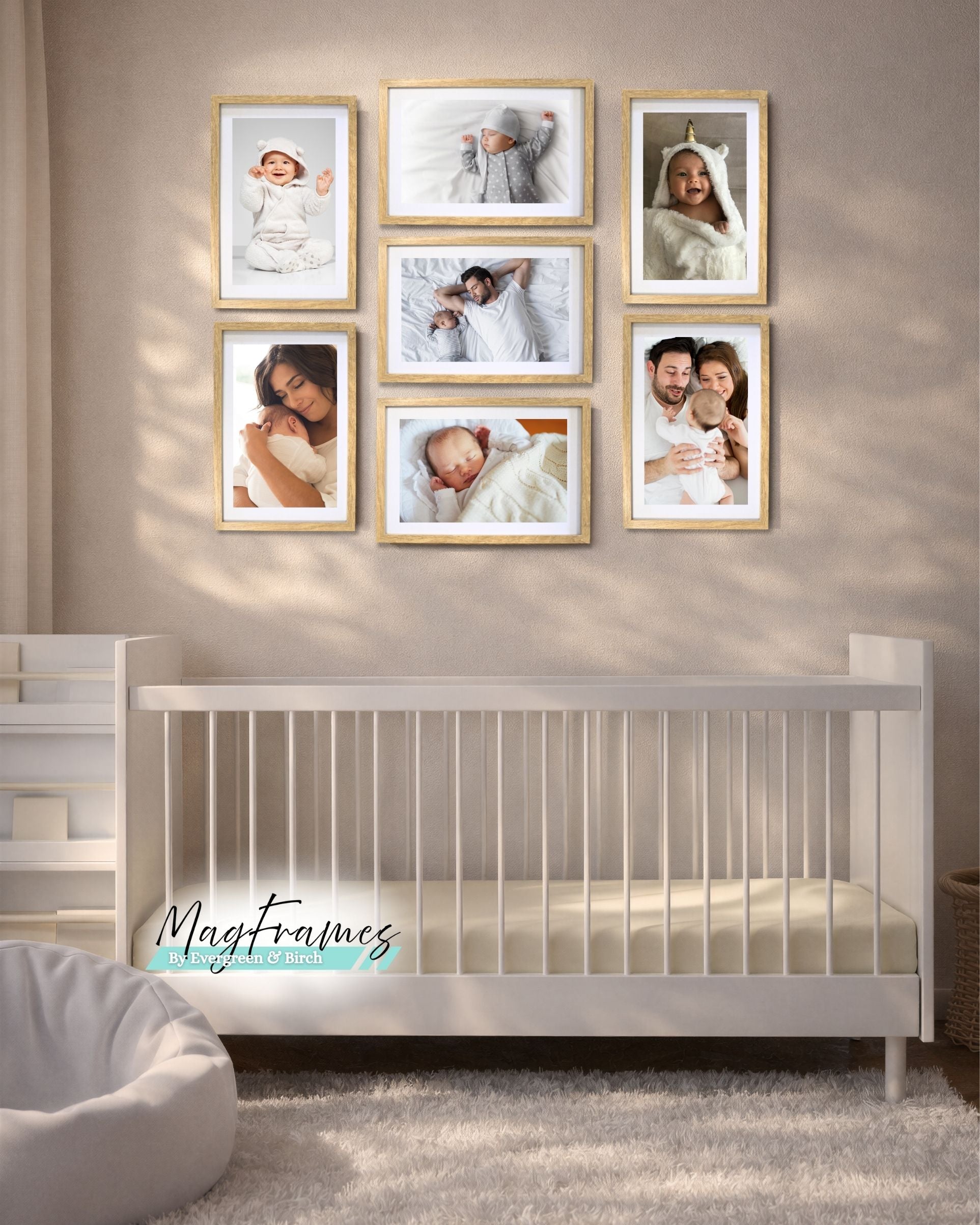 Oak magnetic photo frames 8x12 gallery wall in a baby nursery above a crib with family and newborn photos