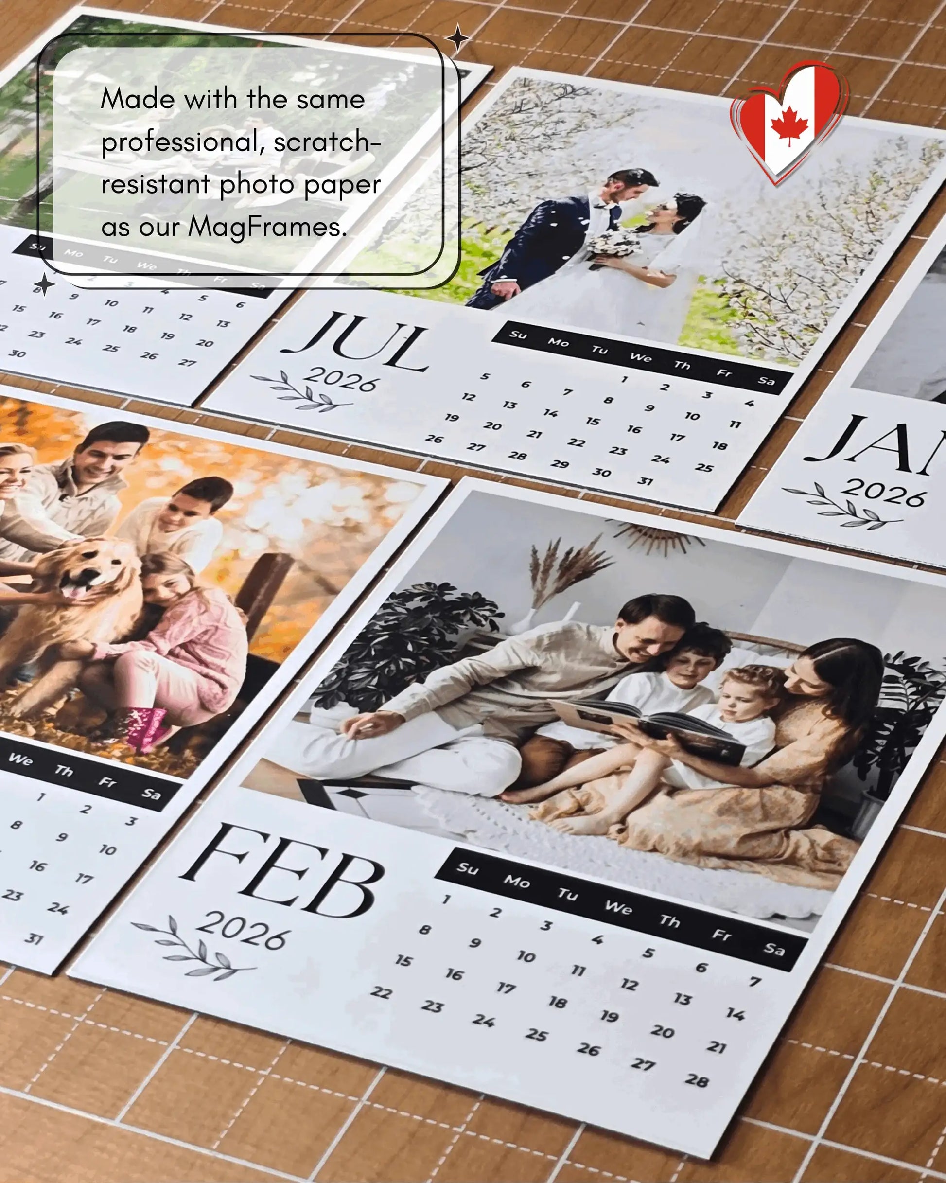 Close-up of 2026 personalized magnetic photo calendar printed on premium satin photo paper.