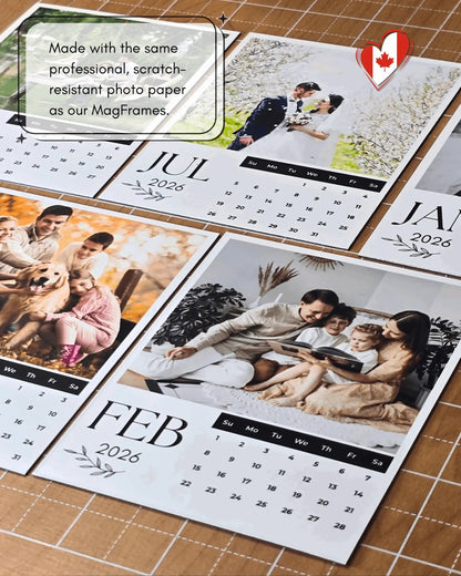 Close-up of 2026 personalized magnetic photo calendar printed on premium satin photo paper.