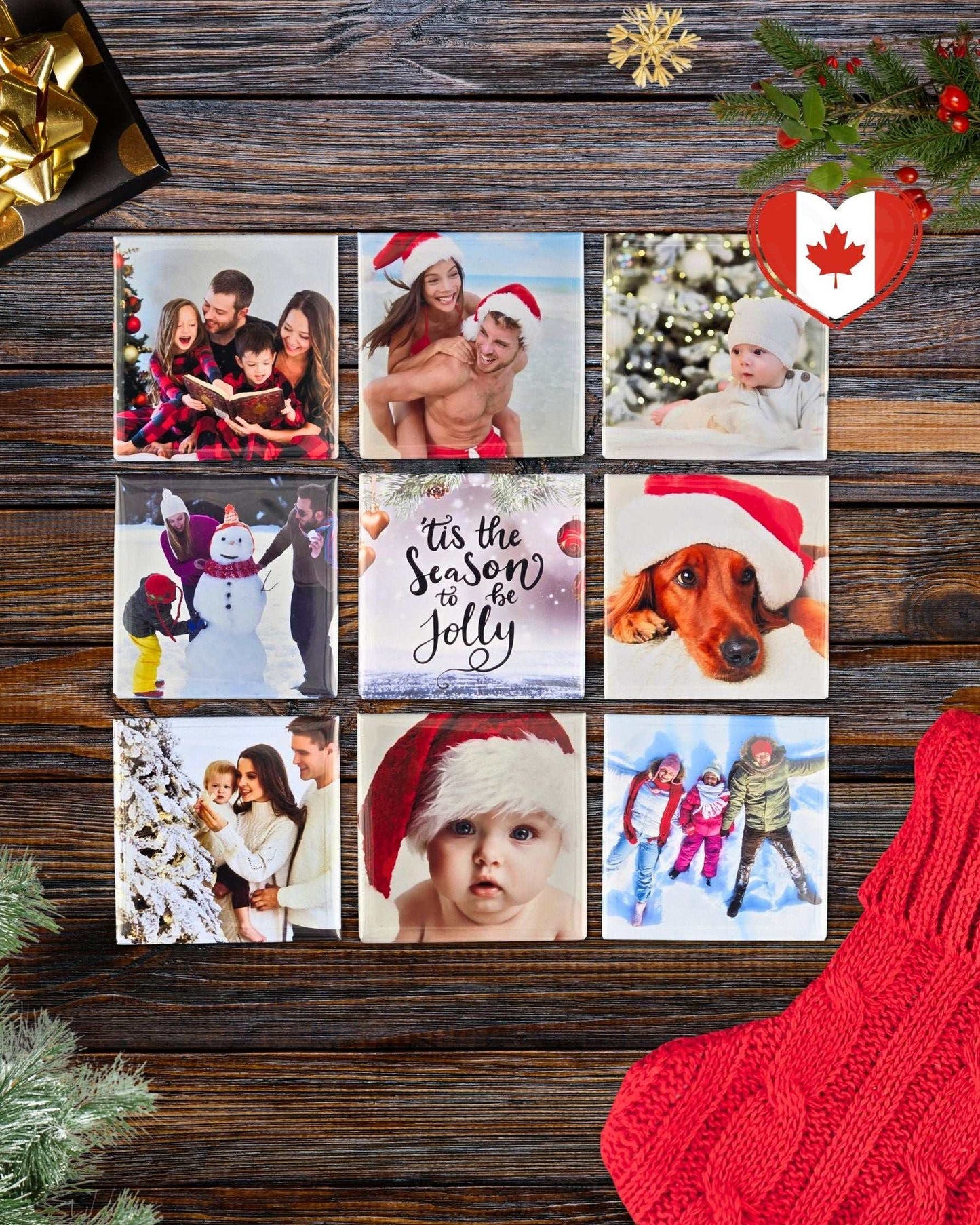 Custom Christmas photo magnets 2x2" featuring personalized holiday family photos displayed together.