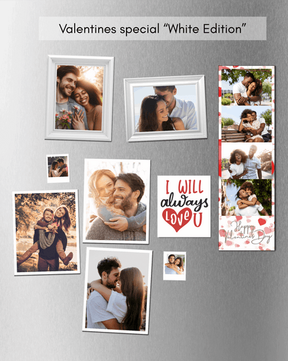 Valentine's Day themed photo frames and magnets on a metallic surface.